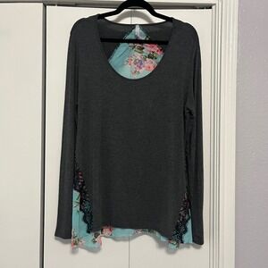 Vanity Gray Floral‎ Lace Long Sleeve Top Blouse Womens